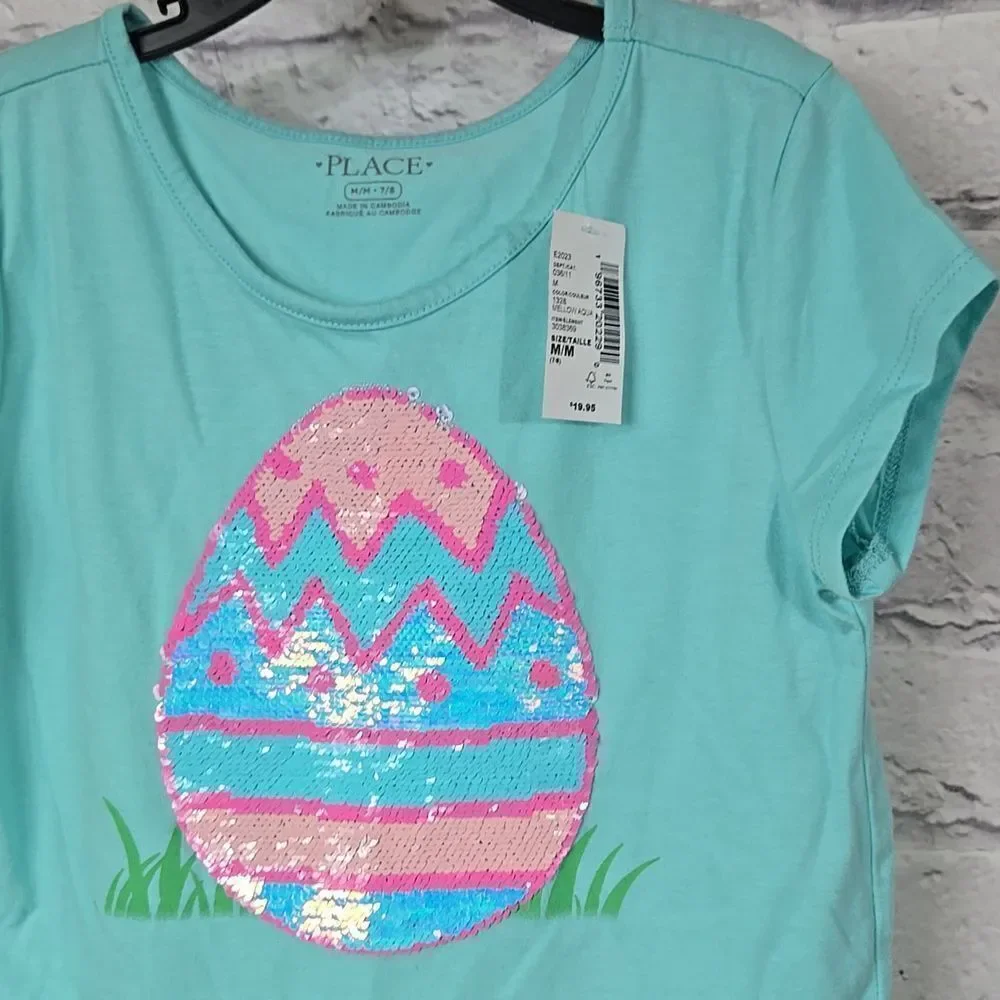 NWT Girls Flip Sequin Easter Bunny Egg Tee Aqua Knit Top The Children’s Place